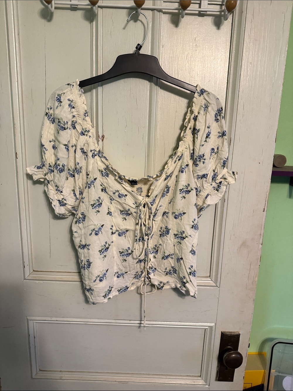 American Eagle Outfitters Cream Floral Lace-Up Peasant Top with Blue Blossoms
